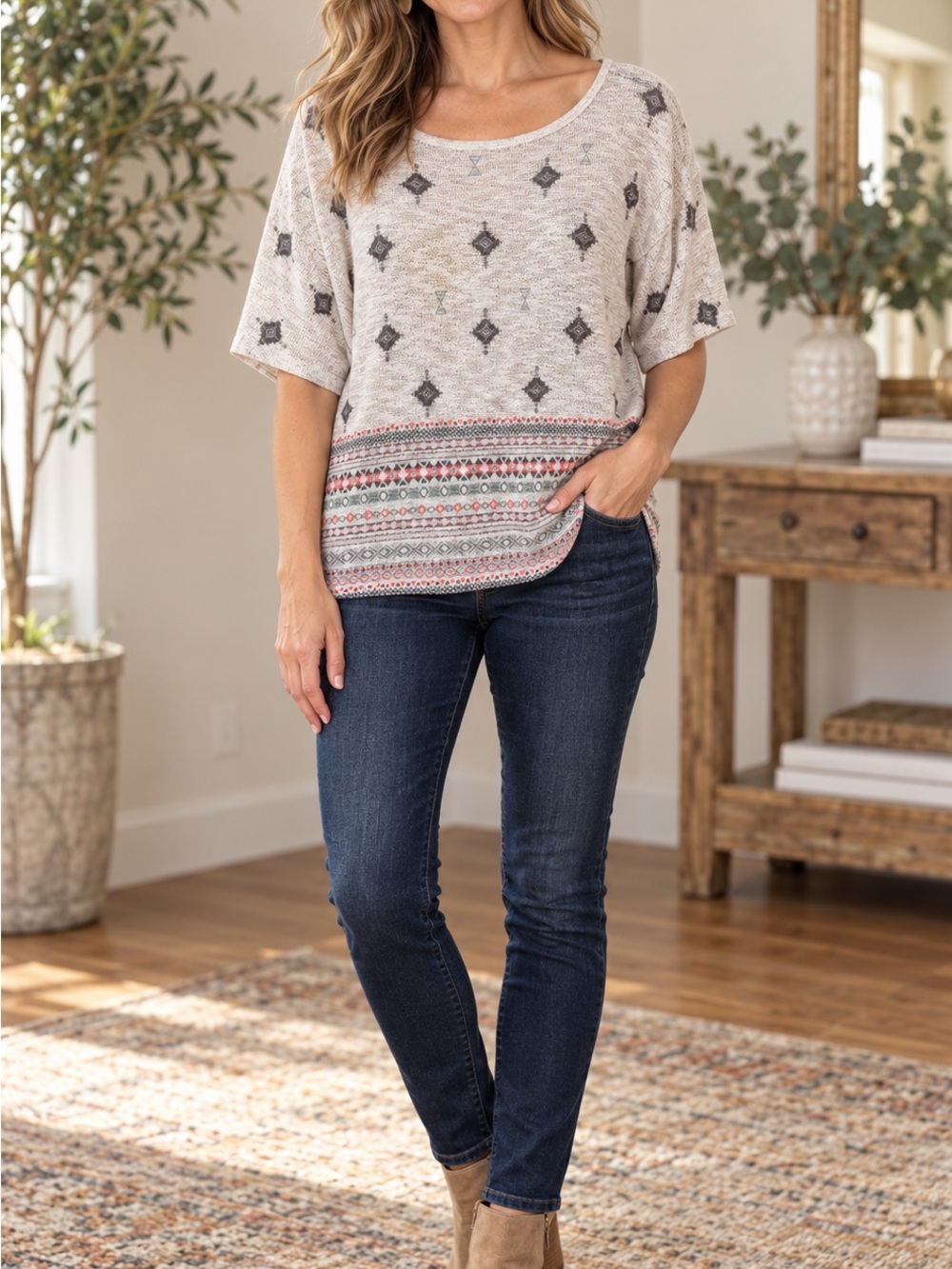 G Boho Southwestern Geometric Knit Top Size M Made in USA